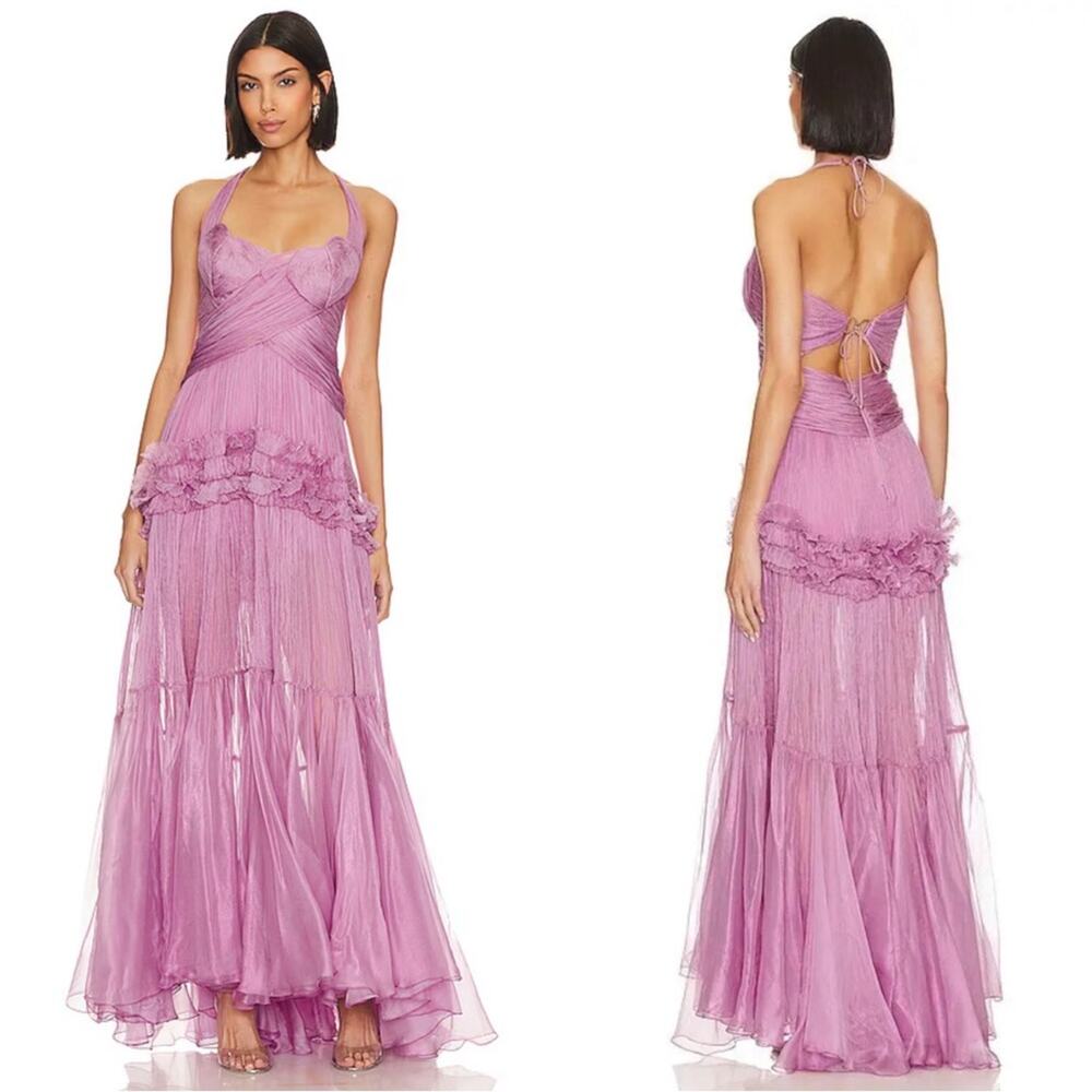MARIA LUCIA HOHAN Lia Heart Bustier Ruffle Tiered Silk Pink Maxi Dress Size 6